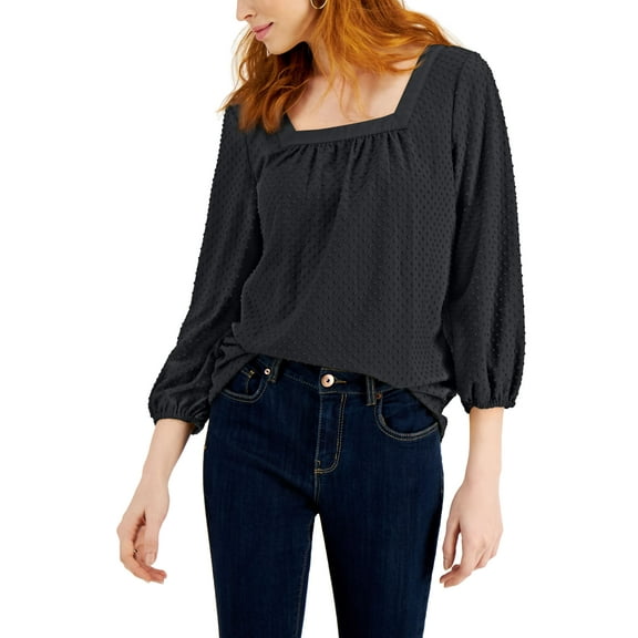 Style & Co Clip Dot Peasant Blouse Deep Black XL