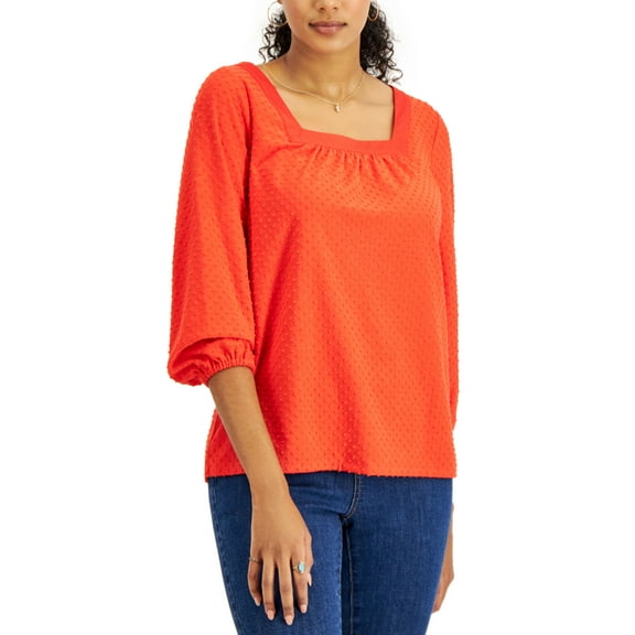 Style & Co Clip Dot Peasant Blouse Fiery Red S