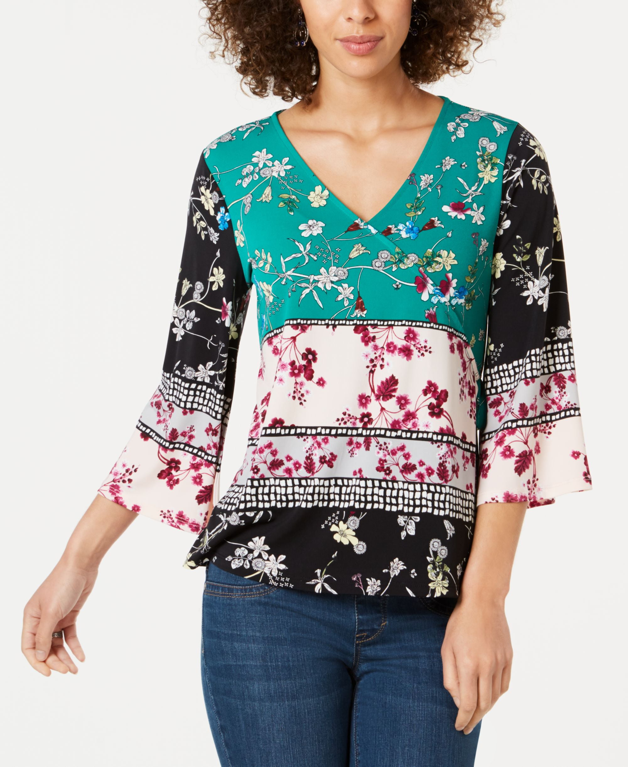 Colorblocked Top Style & Co Colorblocked Bell Sleeve Top Focal Fresh M - Walmart.com