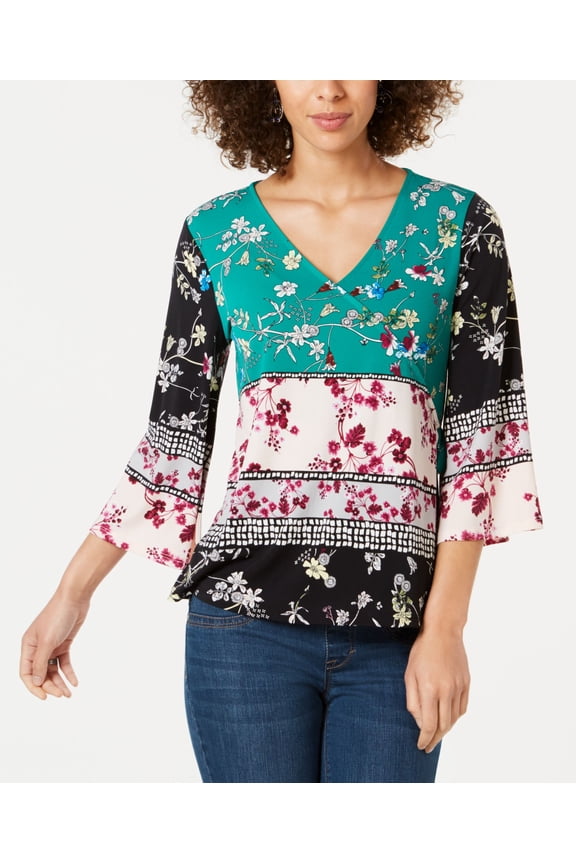 Style & Co Colorblocked Bell Sleeve Top Focal Fresh M