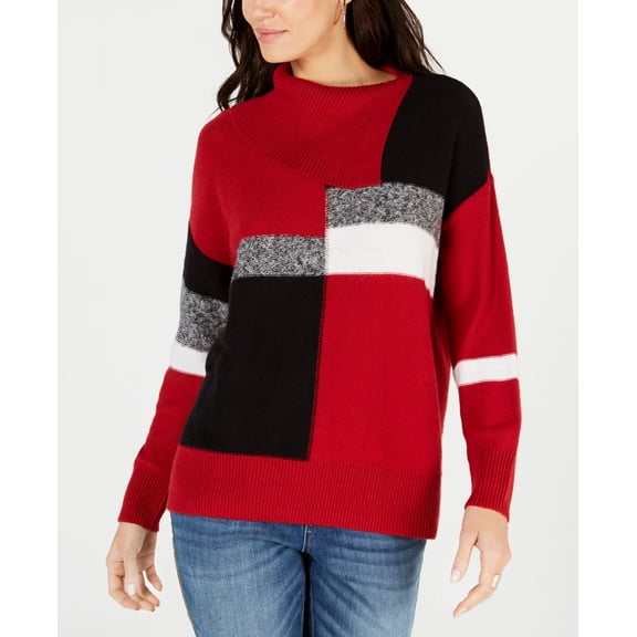 Style & Co Colorblocked Envelope Neck Sweater Canyon Red Combo XS