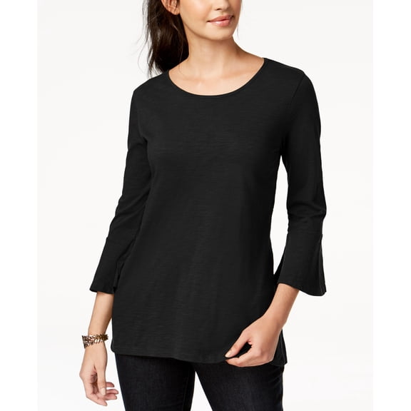 Style & Co Cotton Bell Sleeve Peplum Back Top Deep Black M