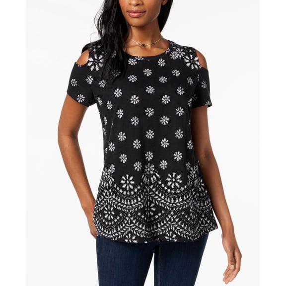 Style & Co Cotton Cold Shoulder T-Shirt Deep Black Eyelet Daze S