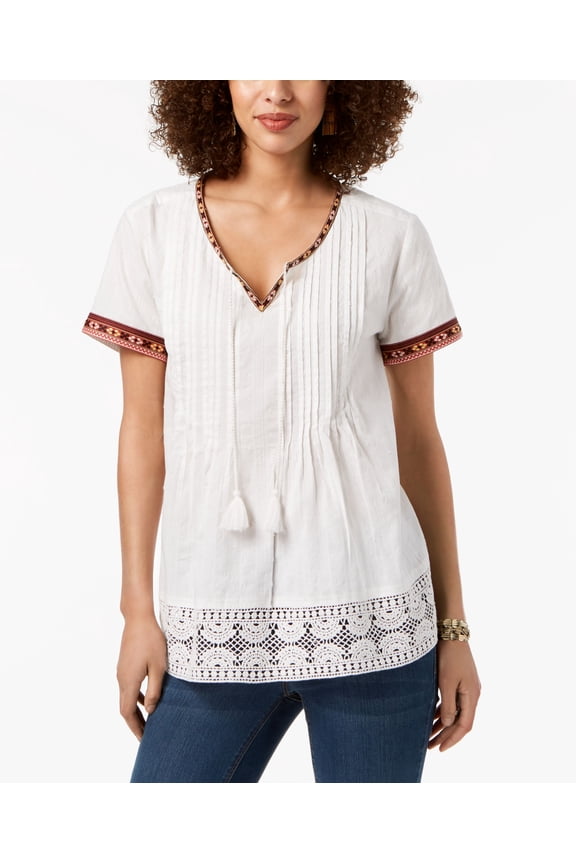 Style & Co Cotton Crochet Trim Top Geo Spark M