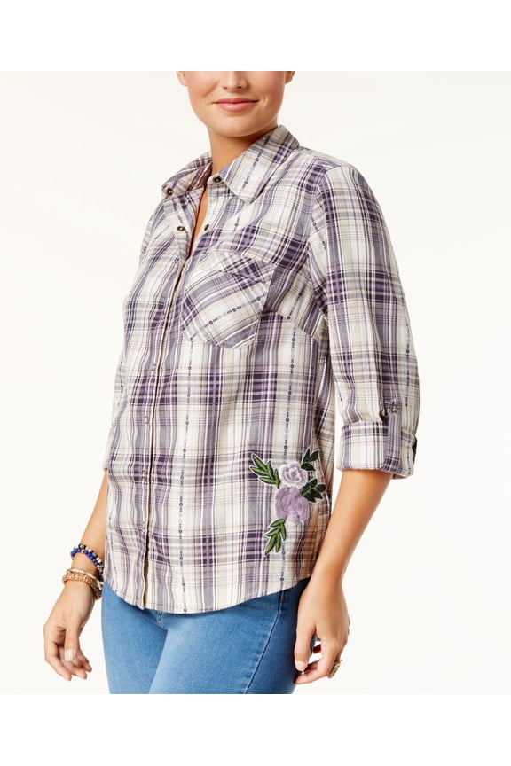 Style & Co Cotton Embroidered Plaid Shirt Tahoe Grape M