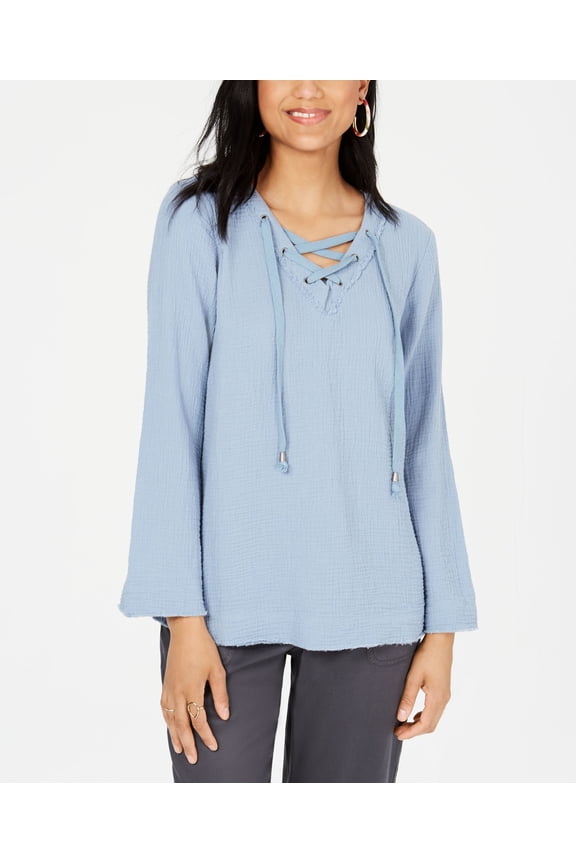 Style & Co Cotton Lace Up Textured Top Blue Fog S