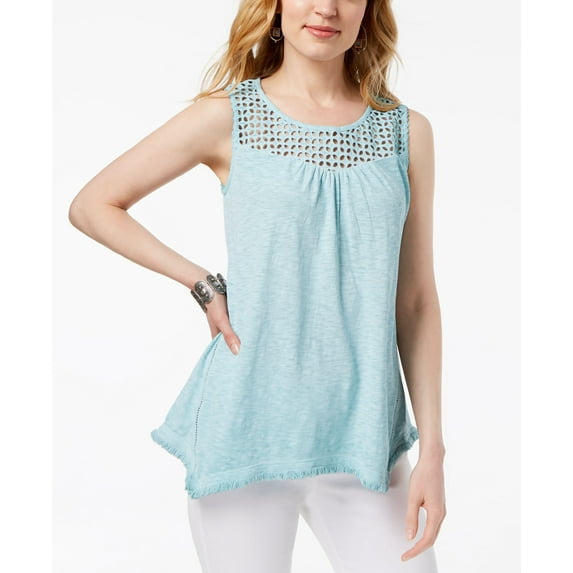 Style & Co Cotton Lattice Detail Sleeveless Top Pale Turquoise Wash S