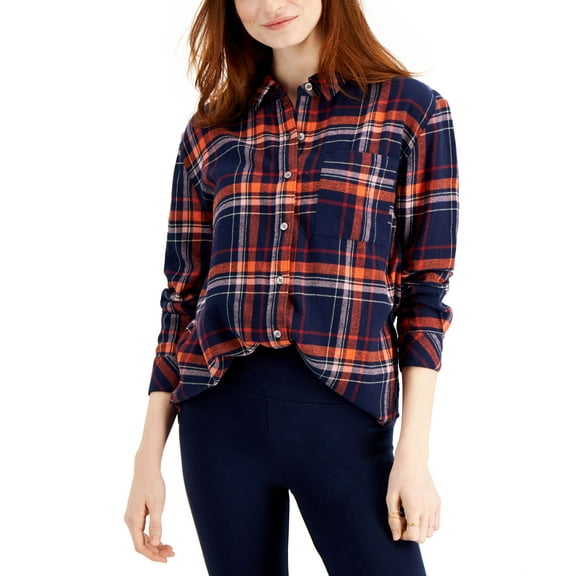 Style & Co Cotton Plaid Boyfriend Shirt Blue Plaid L