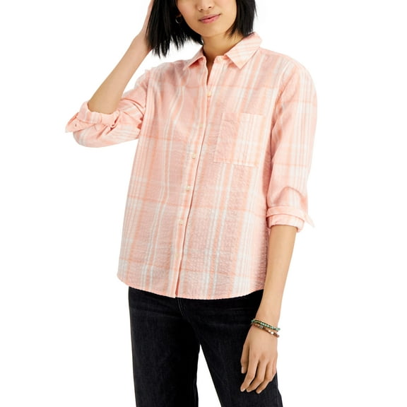 Style & Co Cotton Plaid Boyfriend Shirt Sunny Pink S