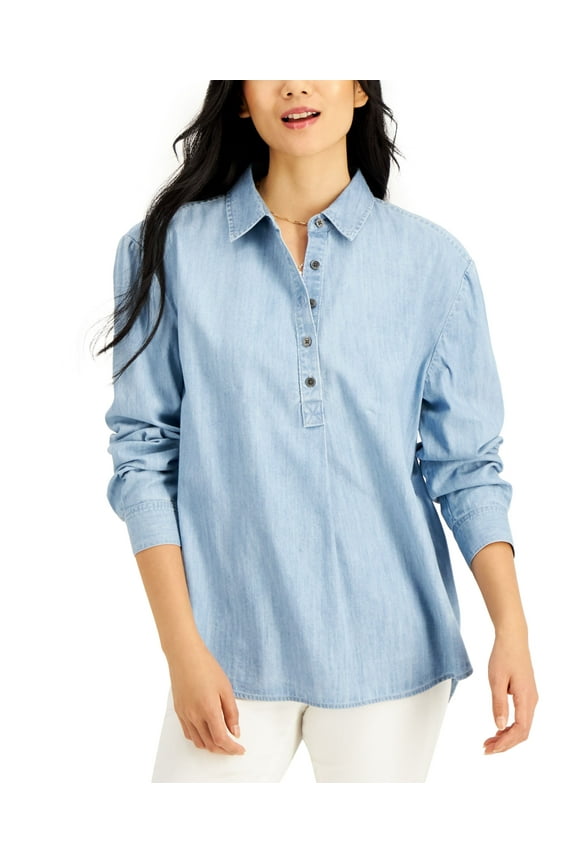 Style & Co Cotton Popover Shirt Lt Chambray XS