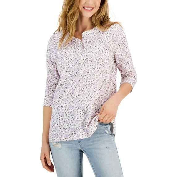 Style & Co Cotton Printed Henley Top Lilac Ditsy 2XL