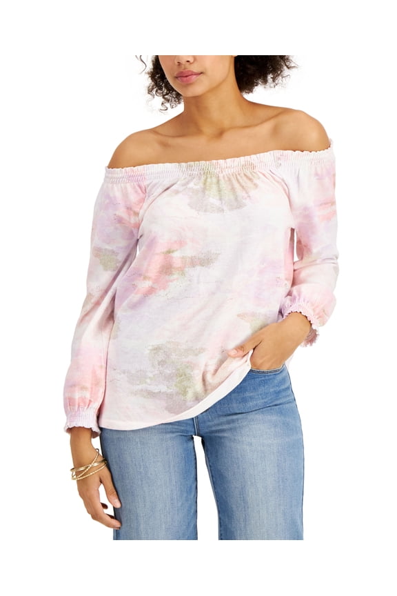 Style & Co Cotton Printed Off The Shoulder Top Pink Combo M