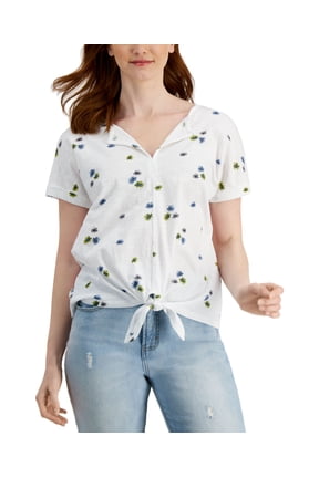 Style & Co Cotton Printed Split Neck Dolman Top White Garden M