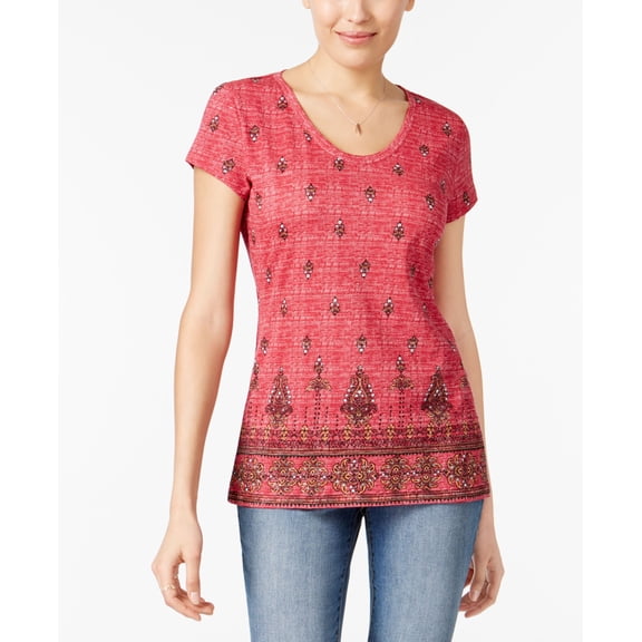 Style & Co Cotton Printed T-Shirt Textured Magenta XS