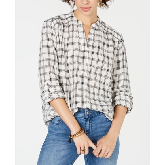 Style & Co Cotton Smocked Plaid Button Front Top White XL