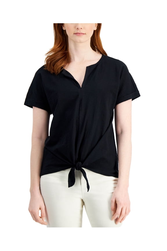 Style & Co Cotton Split Neck Dolman Top Deep Black 2XL