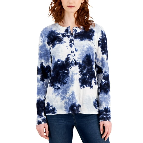 Style & Co Cotton Tie Dyed Henley Top Industrial Dye M