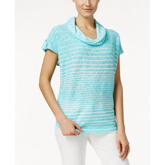 Style & Co. Cowl-Neck Striped Top Pacific Aquabright White 2XL