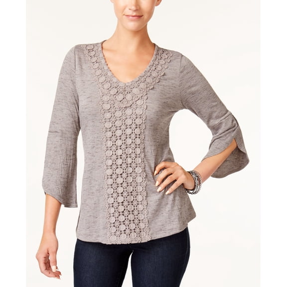 Style & Co Crochet Trim Bell Sleeve Top Bastille Grey S