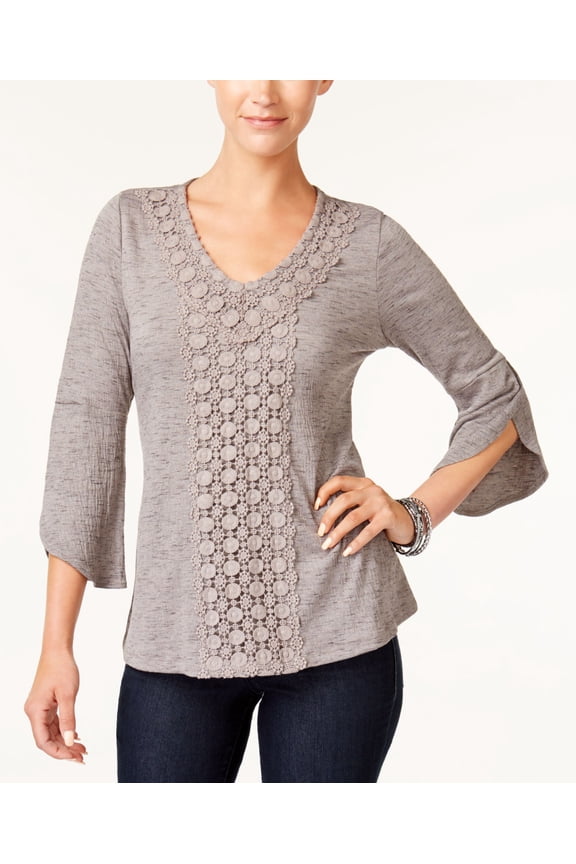 Style & Co Crochet Trim Bell Sleeve Top Bastille Grey S