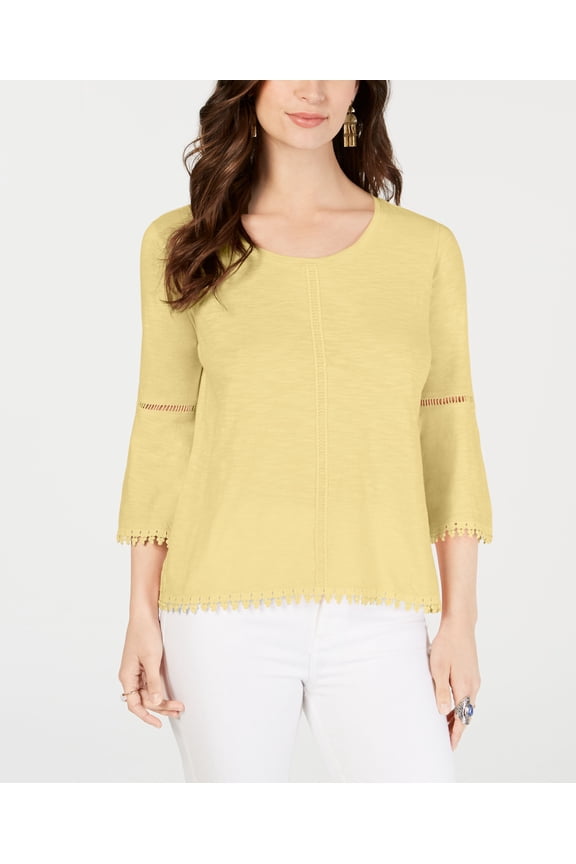 Style & Co Crochet Trim Bell Sleeve Top Soft Sun L