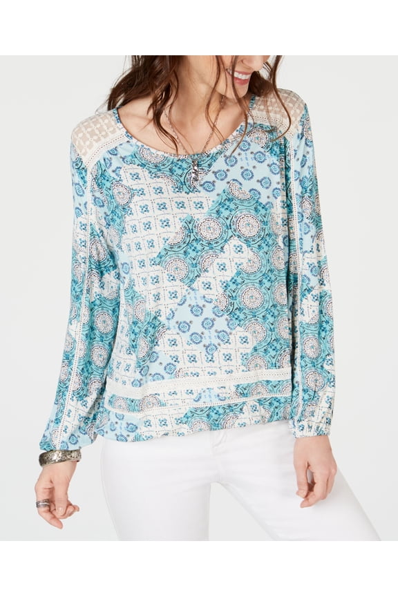 Style & Co Crochet Trim Bubble Hem Top Medallion Teal S