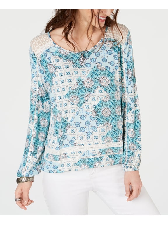 Style & Co Crochet Trim Bubble Hem Top Medallion Teal S