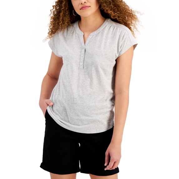 Style & Co Dolman Sleeve Henley Linen Blend Top Gravel Grey Heather XS