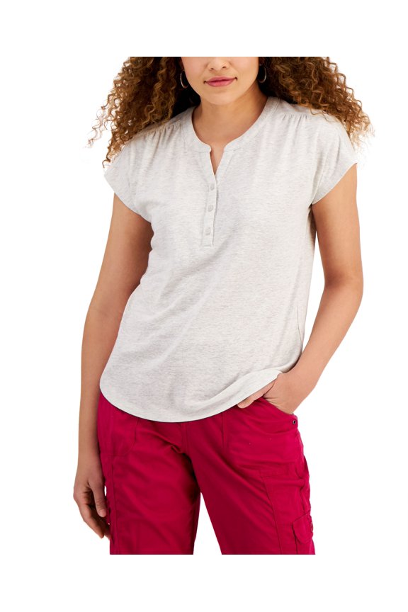 Style & Co Dolman Sleeve Henley Linen Blend Top Natural Oat Heather S