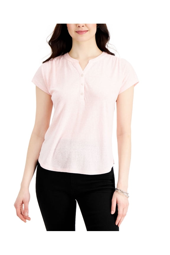 Style & Co Dolman Sleeve Henley Linen Blend Top Pink Candy Heather M