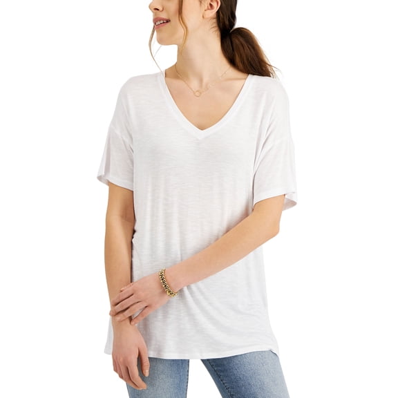 Style & Co Drapey V Neck Short Sleeve T-Shirt Bright White S