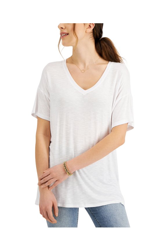Style & Co Drapey V Neck Short Sleeve T-Shirt Bright White S