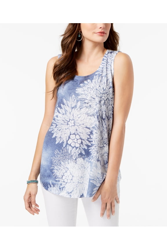 Style & Co Embellished Floral Print Tank Top Blue L