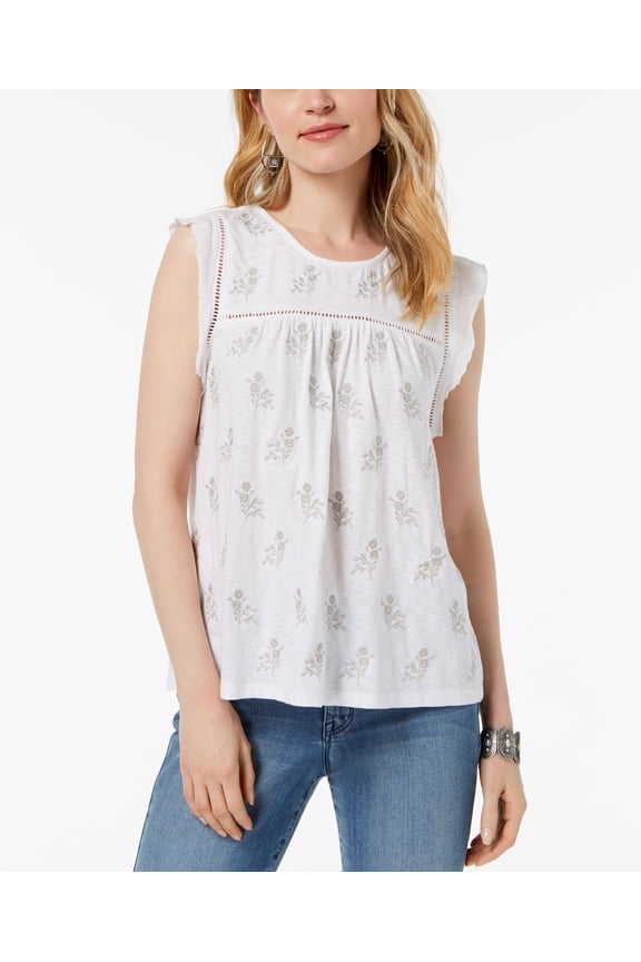 Style & Co Embroidered Crochet Trim Top White Embroidered XL