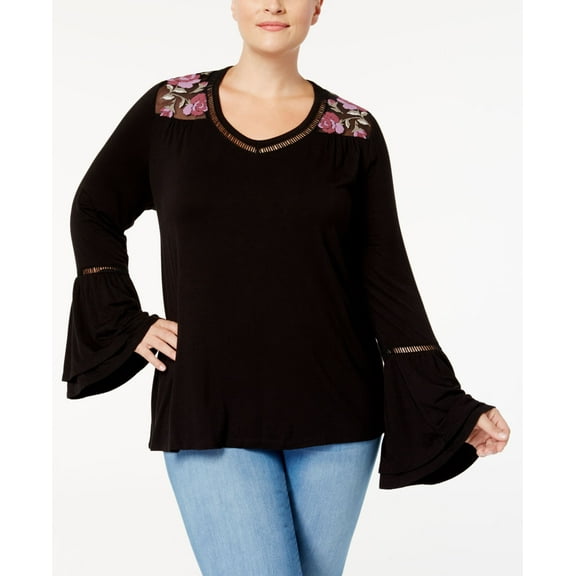 Style & Co Embroidered Double Lantern Sleeve Top Deep Black 2X