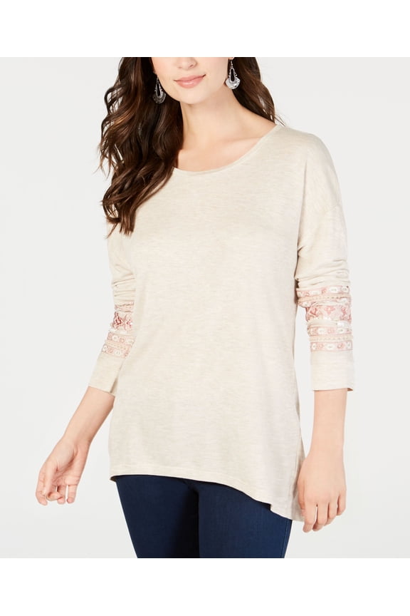 Style & Co Embroidered High Low Top Neutral Heather XL