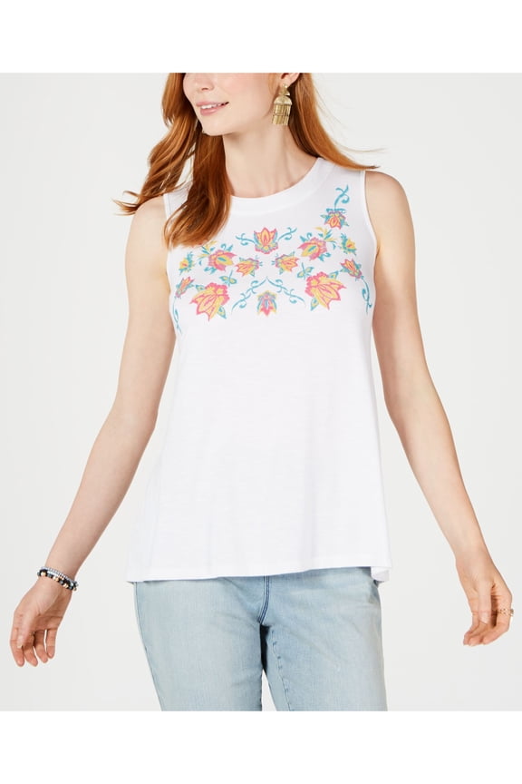 Style & Co Embroidered Keyhole Top White Multi L