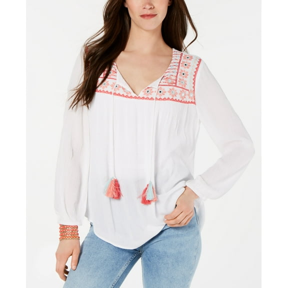 Style & Co Embroidered Long Sleeve Top Aquatic Burst XL