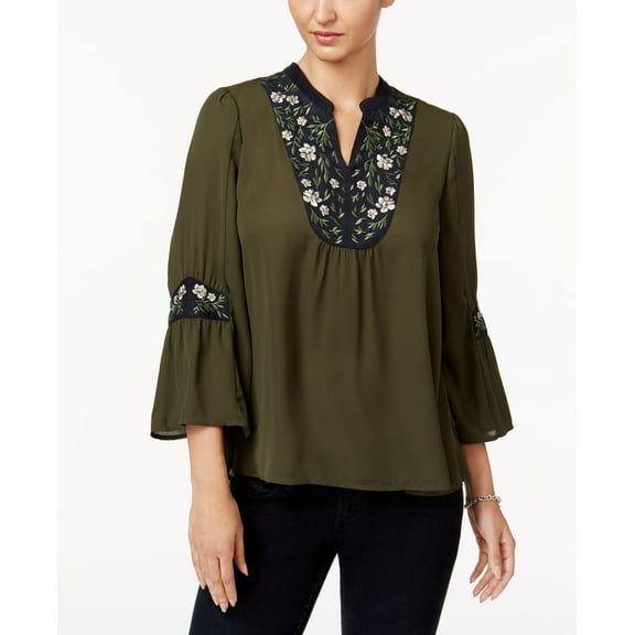 Style & Co Embroidered Peasant Top Floral Olive M