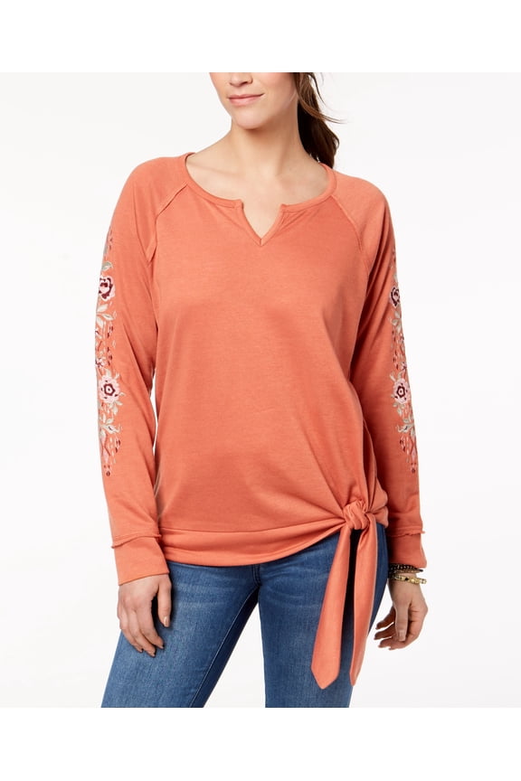 Style & Co Embroidered Tie Hem Top Apricot M