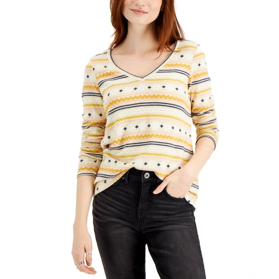 Style & Co Fair Isle Knit Top Antique Cream M