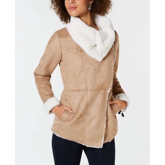Style & Co Faux Suede Faux Fur Drape Coat Saddle/Cream L