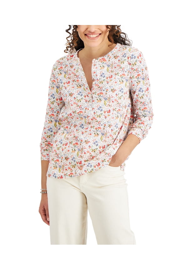 Style & Co Floral Print Cotton Top White Floral S