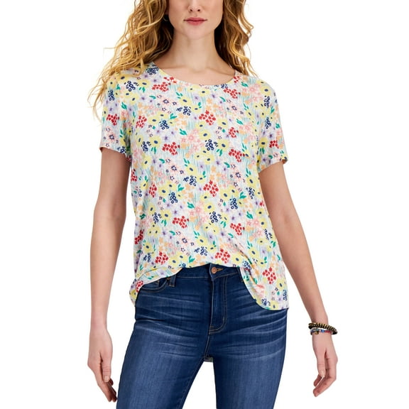 Style & Co Floral Print Dropped Shoulder T-Shirt White Meadow 2XL
