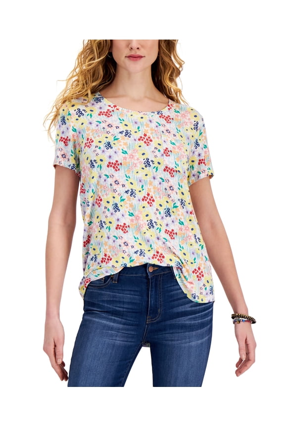 Style & Co Floral Print Dropped Shoulder T-Shirt White Meadow 2XL