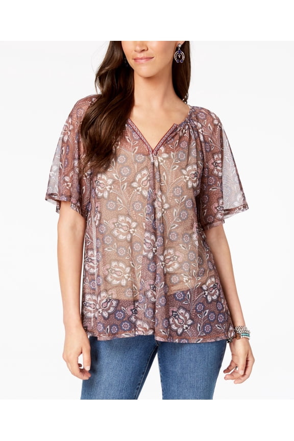 Style & Co Floral Print Mesh Top Ruffle Gardens L