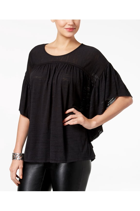 Style & Co Flutter Sleeve Poncho Top Deep Black S