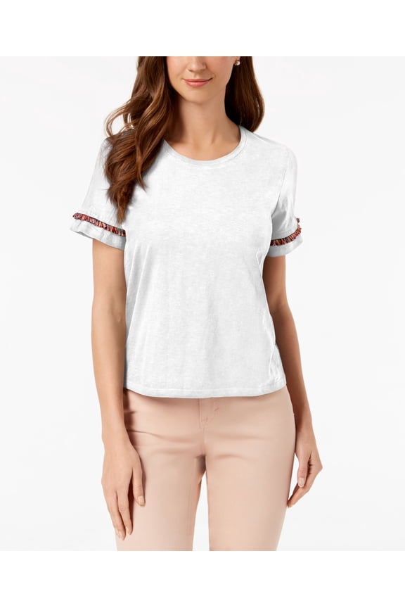 Style & Co Fringe Crew Neck T-Shirt Bright White XL