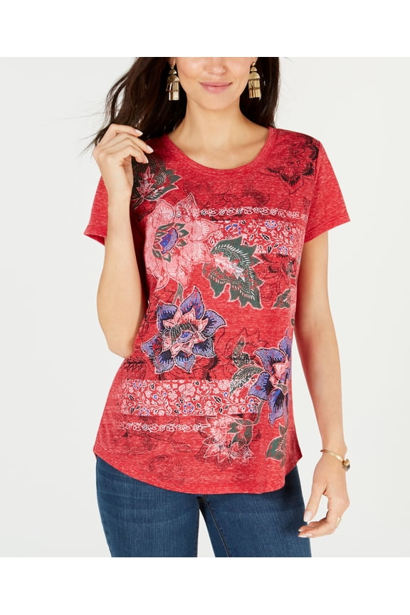 Style & Co Graphic Flower Print Top Ruby Floral Stripe XS
