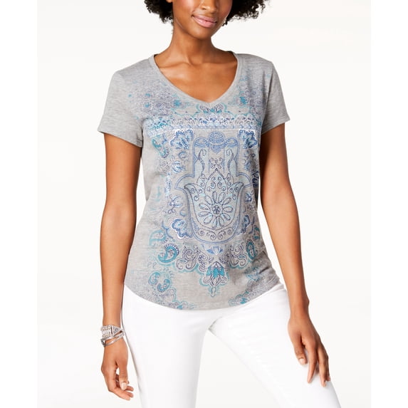 Style & Co Graphic V Neck T-Shirt Grey S